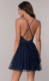  Short Tulle Homecoming Dress with Deep V-Neckline