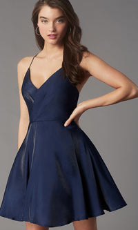 Navy Pleated-Bodice Short Homecoming Dress by Simply