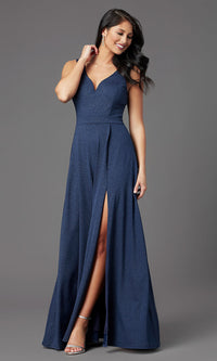 Navy Faux-Wrap Glitter-Knit Navy Formal Long Prom Dress