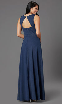  Faux-Wrap Glitter-Knit Navy Formal Long Prom Dress
