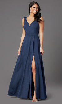  Faux-Wrap Glitter-Knit Navy Formal Long Prom Dress