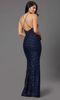  Navy Blue Backless Long Sequin Formal Prom Dress