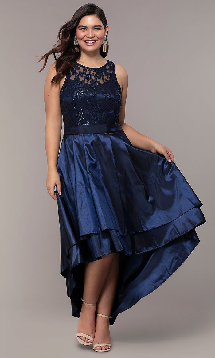 Navy Simply Plus-Size High-Low Prom Dress with Sequins