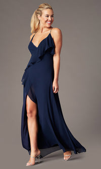 Navy Ruffled Chiffon V-Neck Long Simply Prom Dress