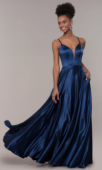 Navy Illusion V-Neck Long Prom Dress with Caged Back