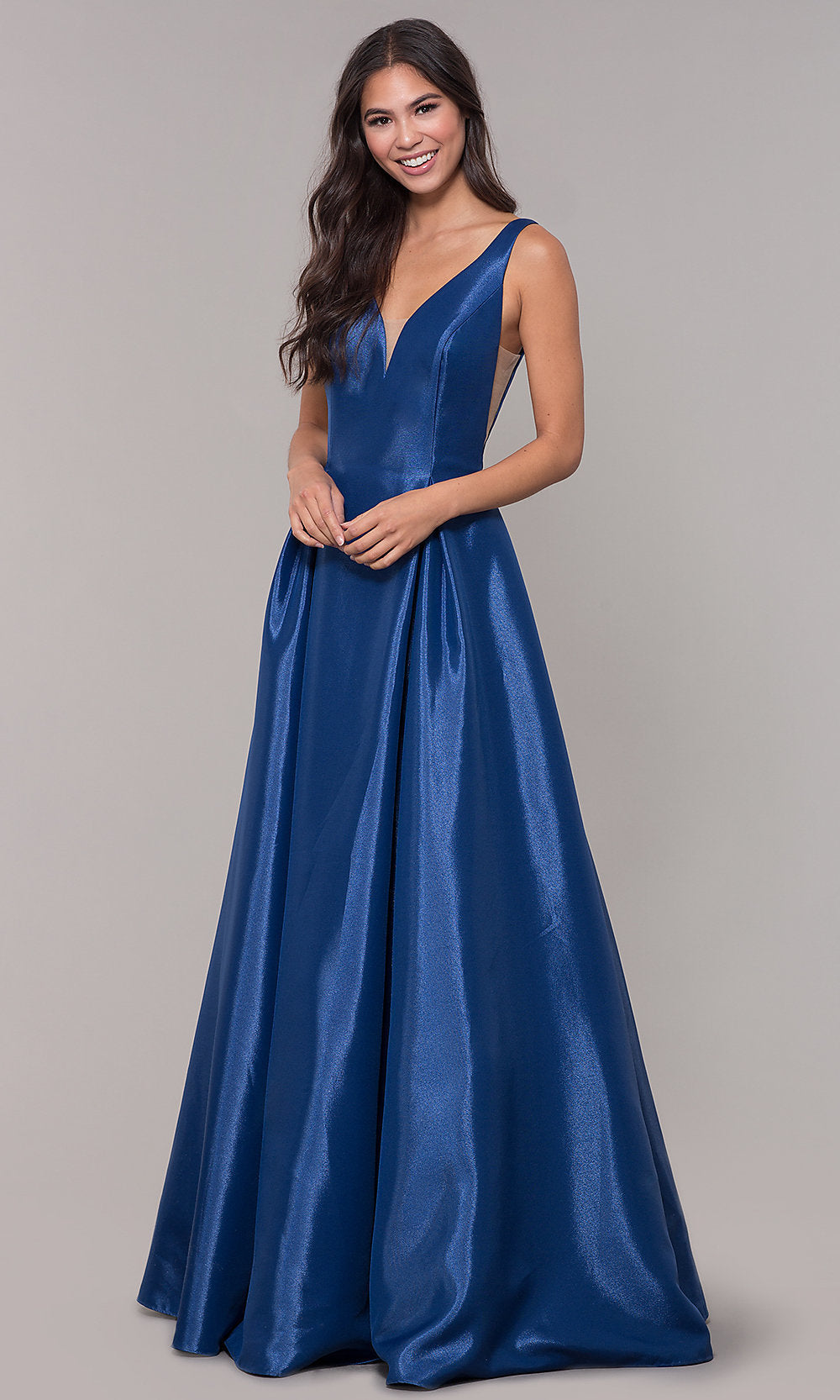 Navy Long Satin A-Line Formal Gown with Sheer Sides