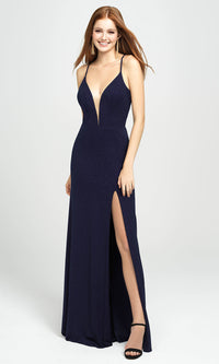 Navy Madison James Glitter Long Formal Prom Dress