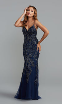 Navy Corset-Back Long Blue Prom Dress with Sequins