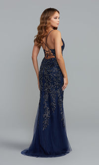  Corset-Back Long Blue Prom Dress with Sequins