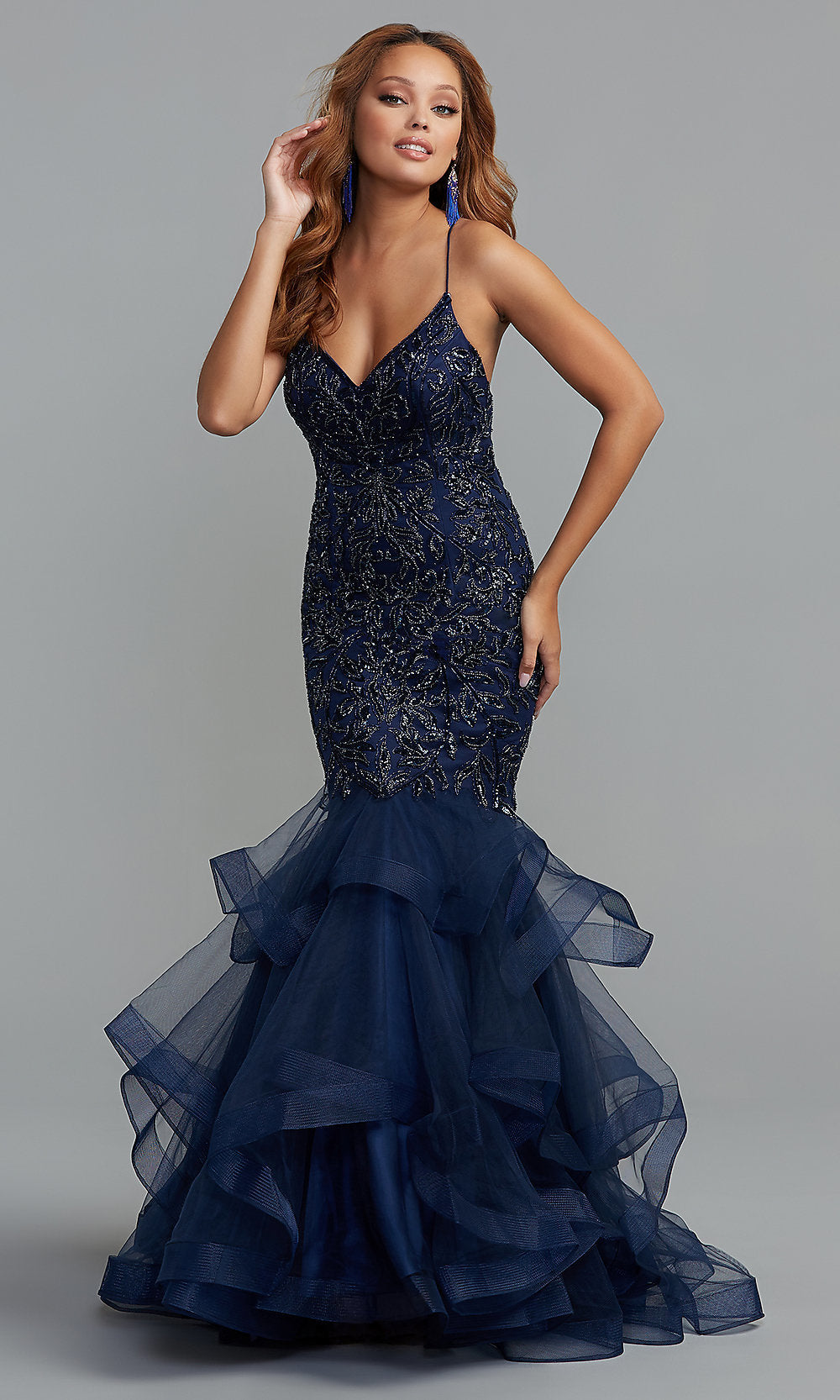 Navy Sparkly Long Formal Dress with Layered Skirt
