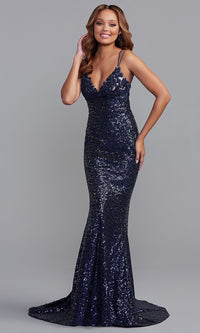 Navy Navy Blue Long Sexy Sequin Evening Gown for Prom