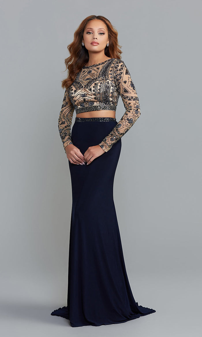 Navy Two-Piece Long-Sleeve Navy Blue Formal Gown