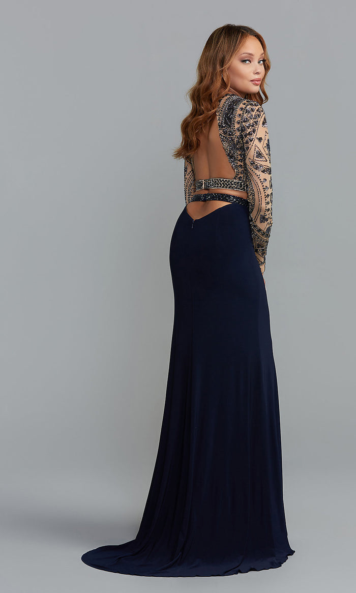  Two-Piece Long-Sleeve Navy Blue Formal Gown