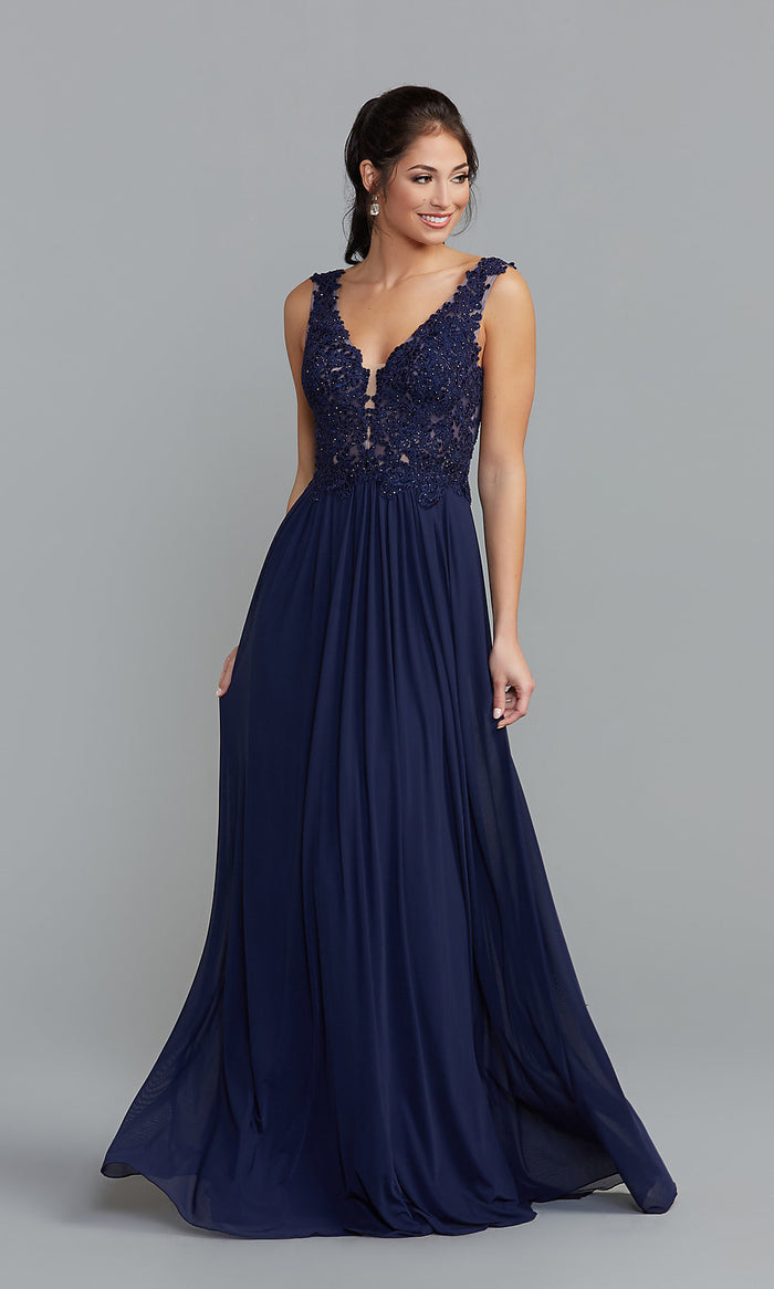 Navy Long Formal Chiffon Gown with Lace Bodice