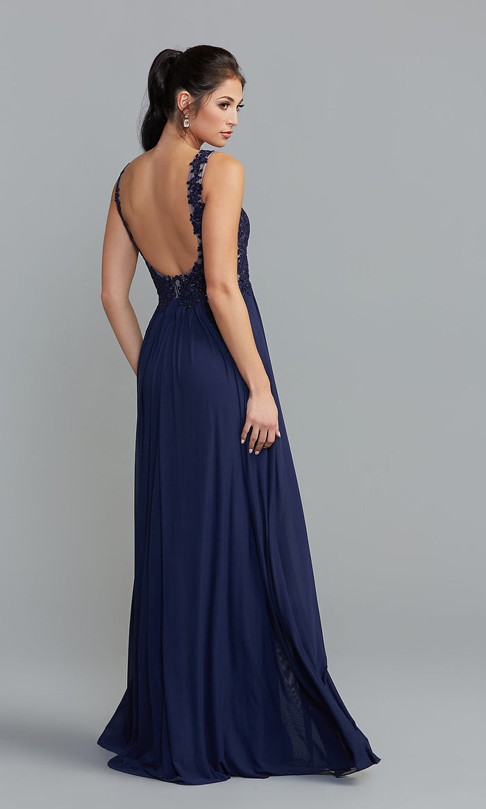  Long Formal Chiffon Gown with Lace Bodice