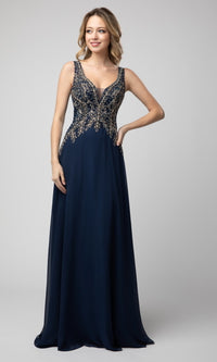 Navy Shail K Long Prom Dress with Beaded V-Neck Bodice