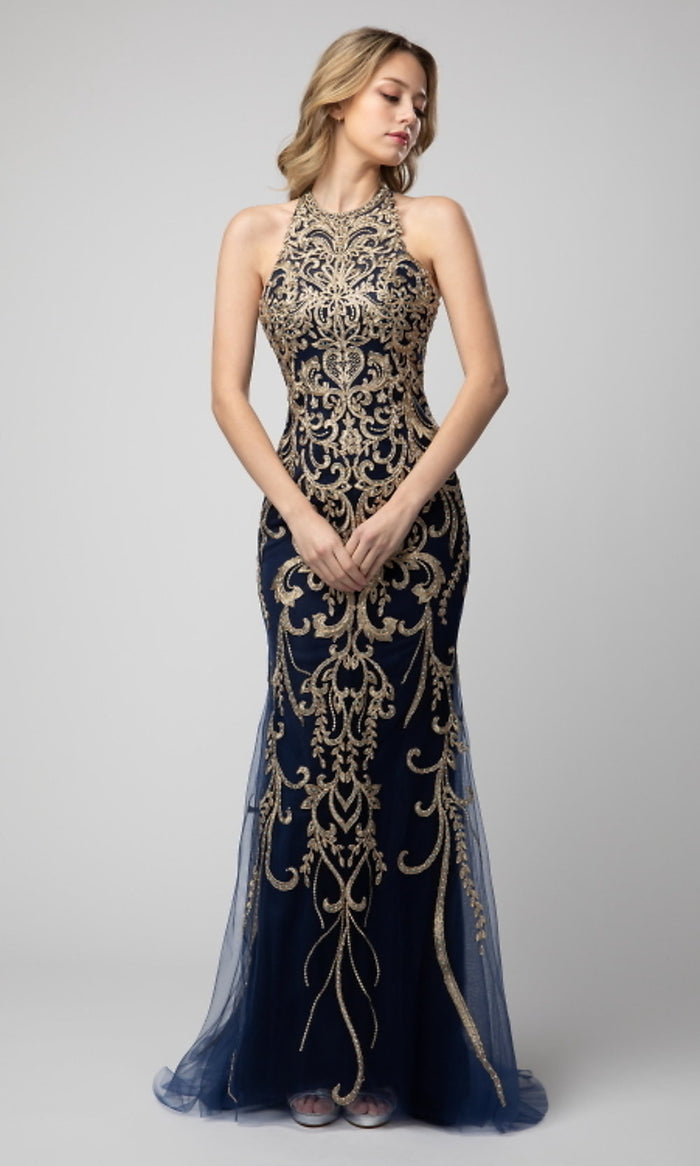 Navy Shail K Embroidered Prom Dress with Back Cut Out