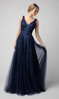 Navy V-Neck Long Embroidered Shail K Formal Prom Dress