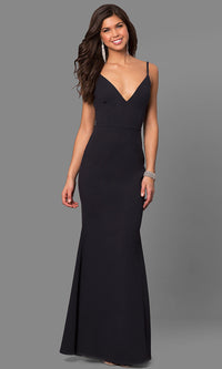 Navy Formal V-Neck Long Prom Dress with Open Back