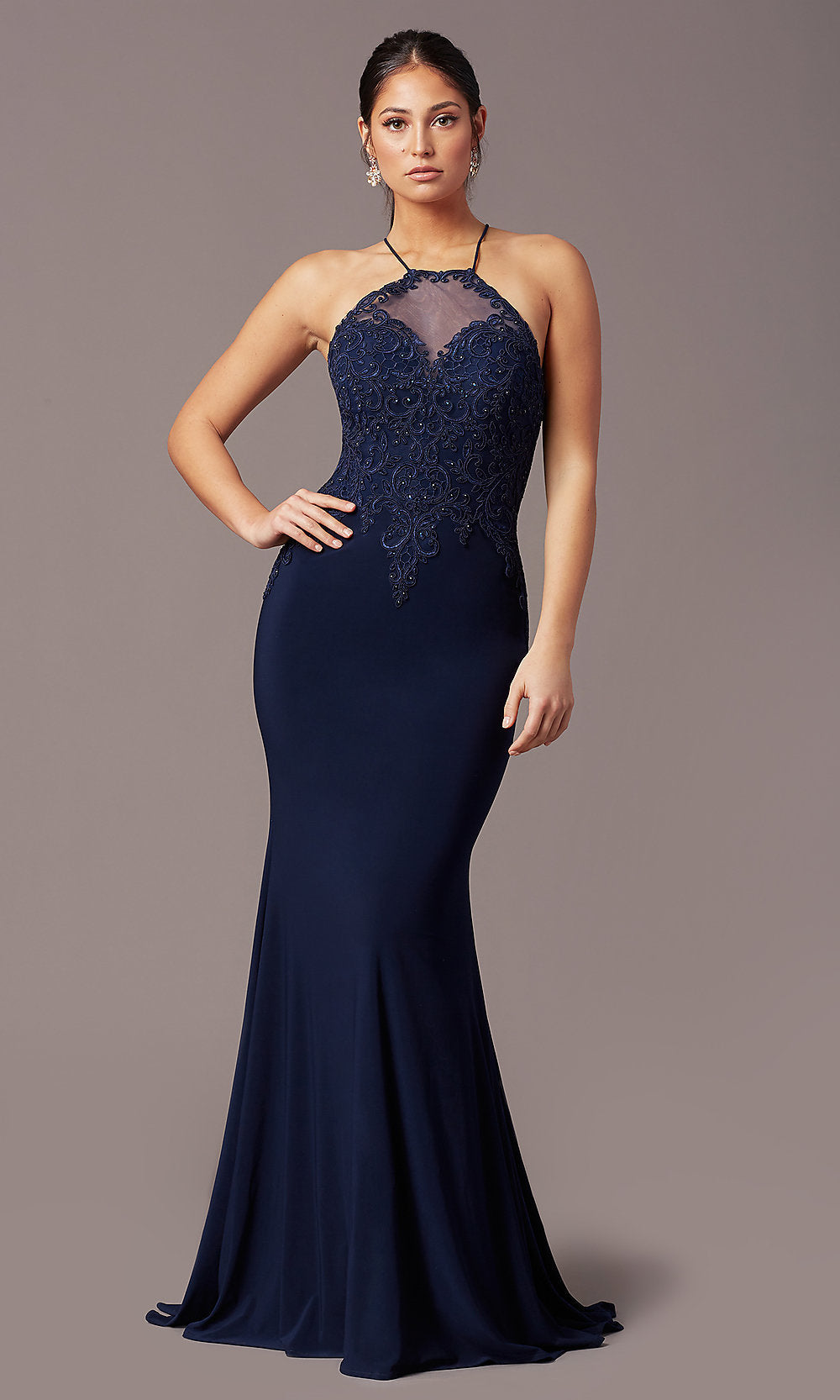 Navy Long Mermaid Navy Blue Prom Dress with Embroidery