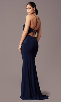  Long Mermaid Navy Blue Prom Dress with Embroidery