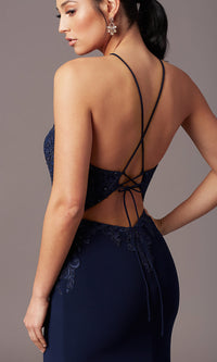  Long Mermaid Navy Blue Prom Dress with Embroidery