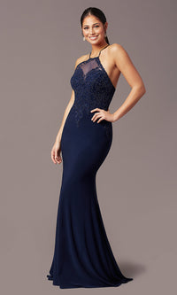  Long Mermaid Navy Blue Prom Dress with Embroidery