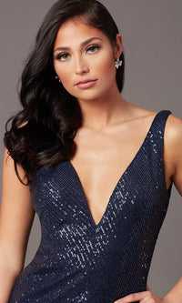  V-Neck Long Sleeveless Sequin Prom Dress