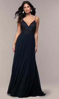 Navy Long Chiffon Prom Dress with Ribbon Embroidery