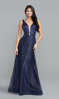 Navy Glitter Glitter-Mesh Long Backless A-Line Prom Dress