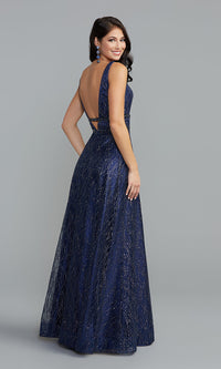  Glitter-Mesh Long Backless A-Line Prom Dress