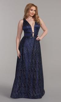  Glitter-Mesh Long Backless A-Line Prom Dress