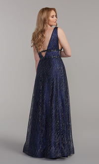  Glitter-Mesh Long Backless A-Line Prom Dress