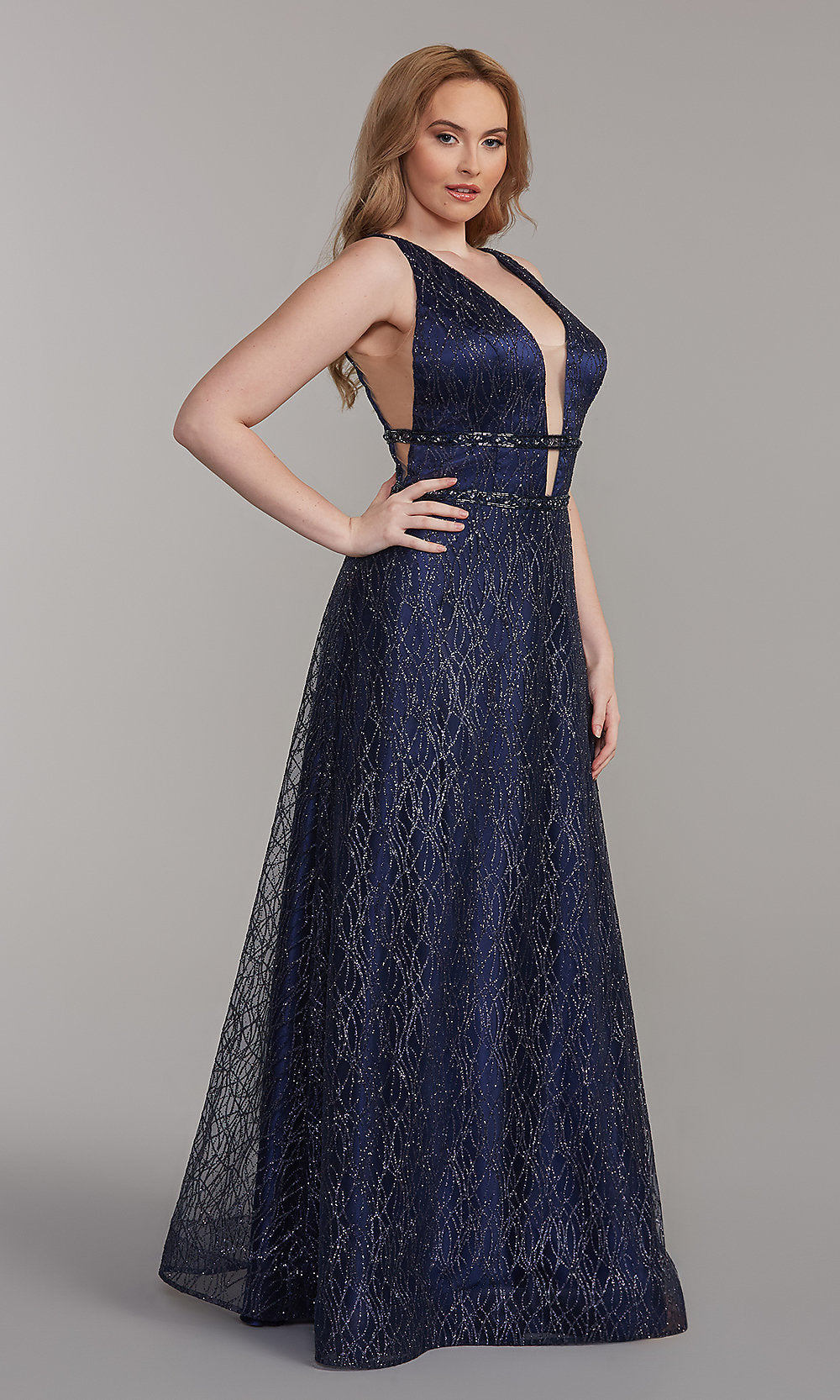  Glitter-Mesh Long Backless A-Line Prom Dress