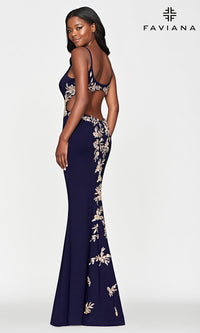Navy/Gold Faviana Gold-Beaded Navy Blue Long Prom Dress