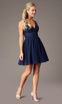  Navy Embroidered-Applique-Bodice Short Hoco Dress