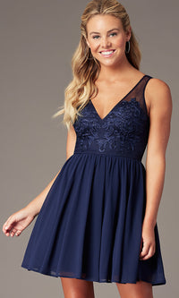 Navy/Navy Navy Embroidered-Applique-Bodice Short Hoco Dress