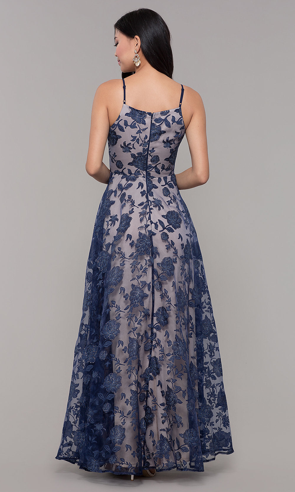 Navy/Nude Long Formal Prom Dress with Glitter Floral Print
