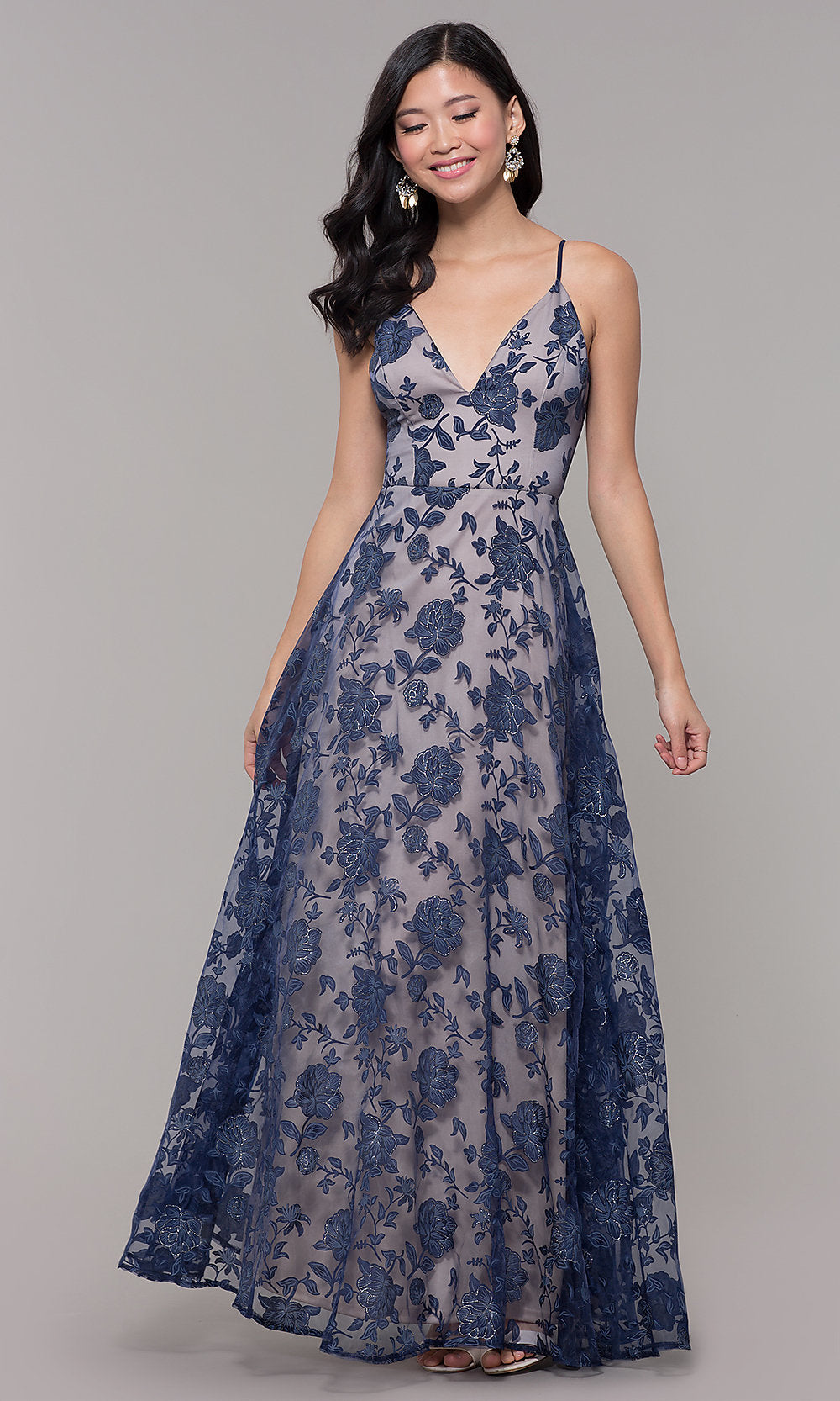  Long Formal Prom Dress with Glitter Floral Print