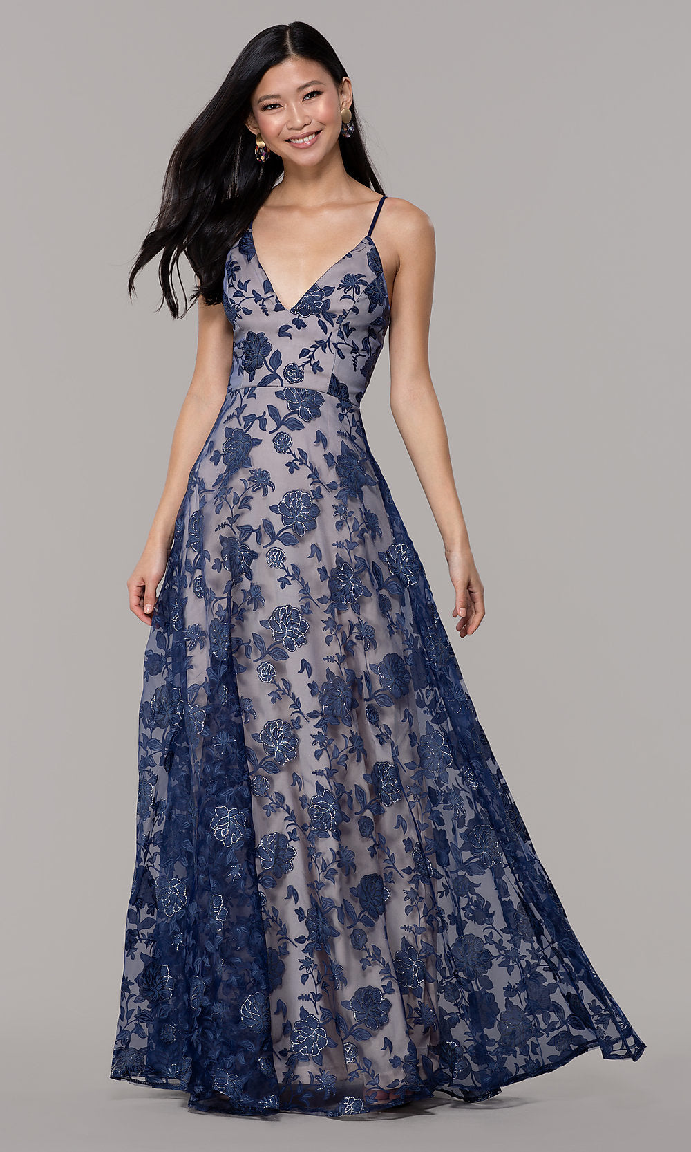  Long Formal Prom Dress with Glitter Floral Print