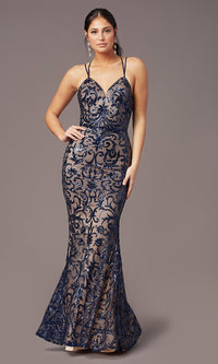 Navy/Nude PromGirl Vintage-Inspired Long Sequin Prom Dress