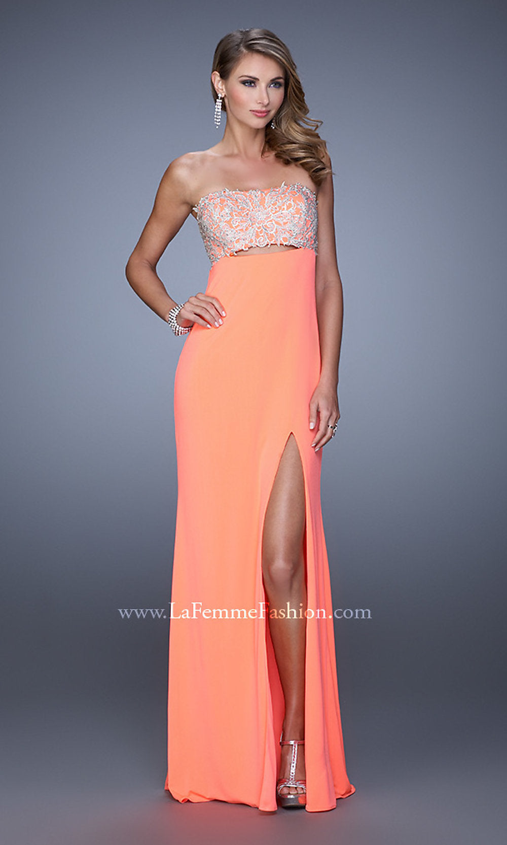 Neon Grapefruit Backless Long Strapless Prom Dress by La Femme