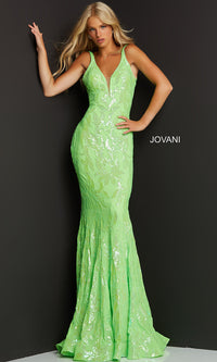 Neon Green Jovani Long Sexy Sequin Mermaid Formal Prom Dress