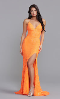 Neon Orange Iridescent-Sequin Long Sexy Formal Dress for Prom
