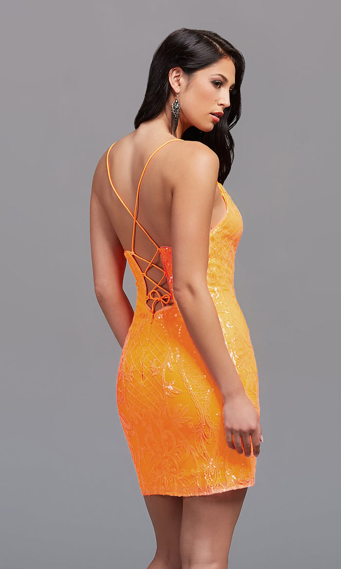  Neon Orange Short Sequin Homecoming Dress