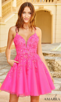 Neon Pink Glitter & Sequin Short Neon Pink Homecoming Dress