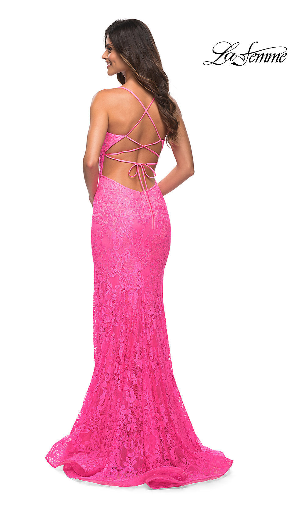  Strappy-Back La Femme Tight Long Lace Prom Dress