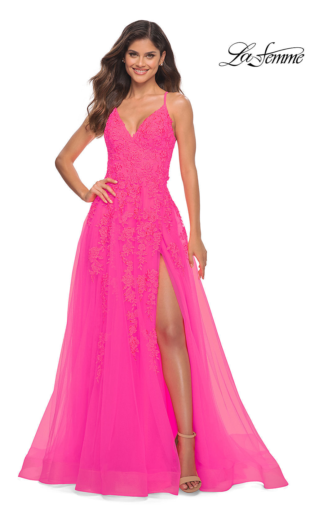 Neon Pink La Femme Neon Pink Embroidered Long Prom Dress