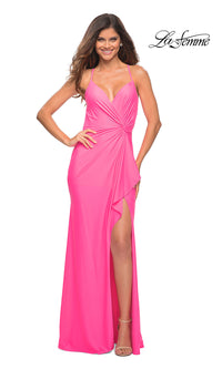 Neon Pink Backless La Femme Long Prom Dress with Side Knot