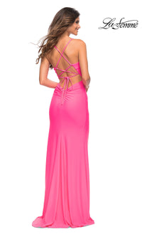 La Femme Long Prom Dress with Lace-Up Open Back